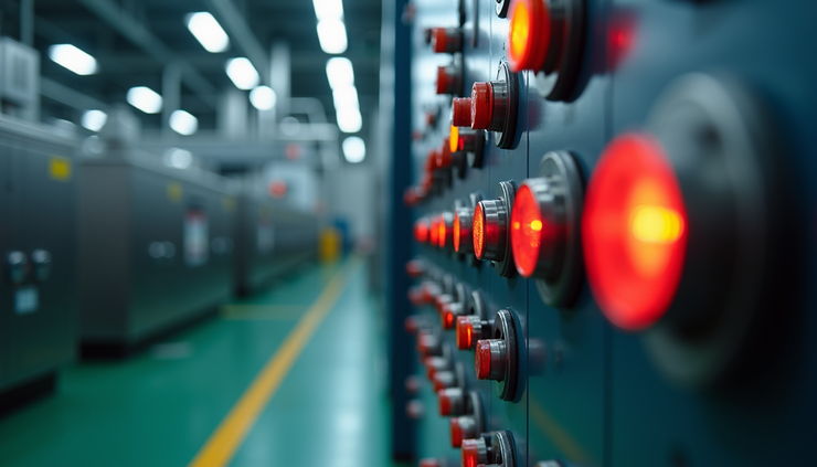 Eye-level view of industrial control panel with warning lights and switches