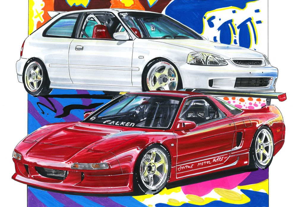 Original artwork of Honda NSX and Honda Civic