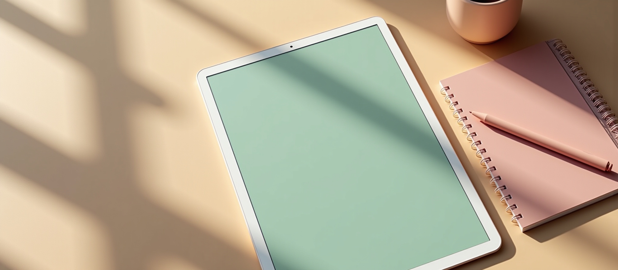 White tablet displaying a light green screen