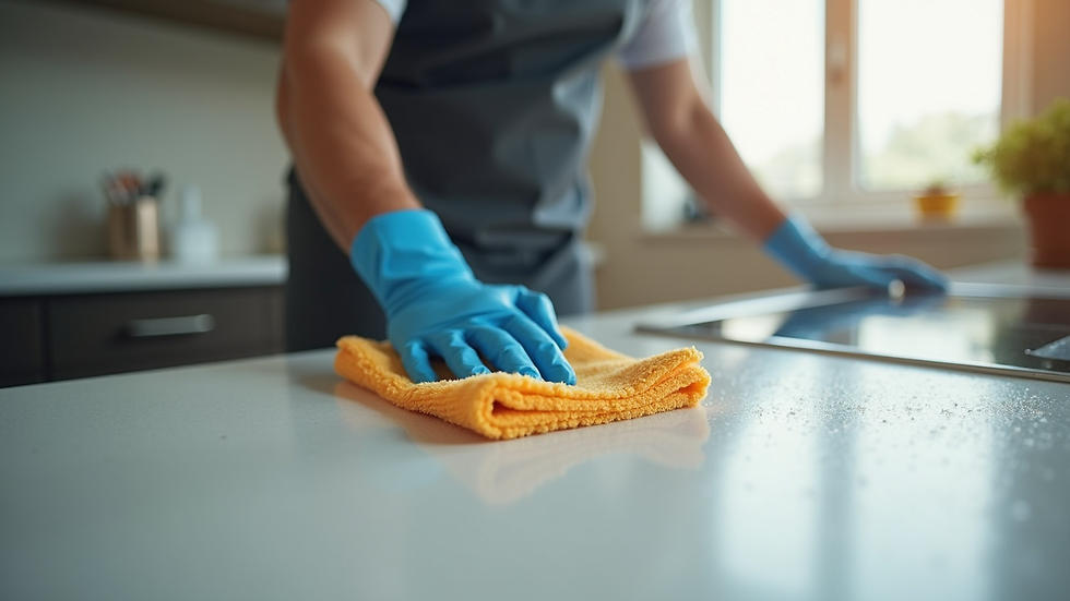 Close-up view of a professional cleaner scrubbing a kitchen countertop