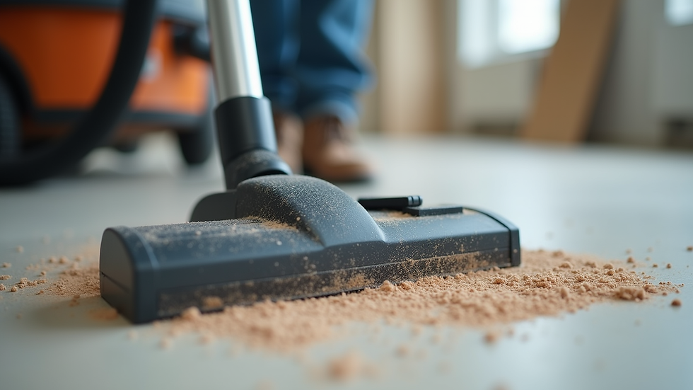 Close-up view of a vacuum cleaner nozzle cleaning construction dust from a floor