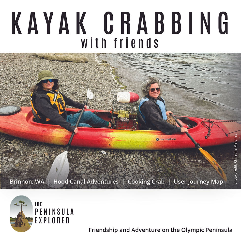 Two women sitting in a tandem kayak with a crab pot nestled between them.