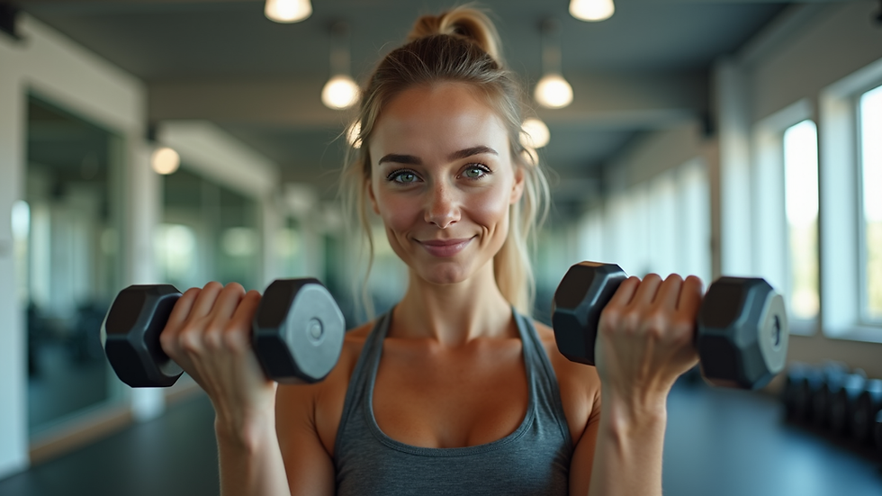 Eye-level view of a woman lifting light dumbbells in a bright home gym