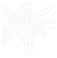White geometric line drawing of a timber frame structure