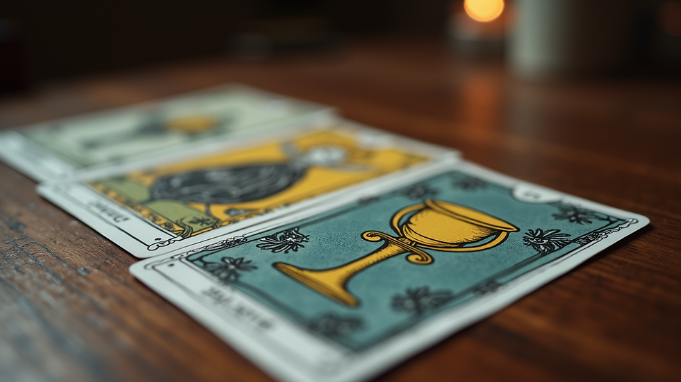 Eye-level view of a tarot deck spread with the Ace of Cups card in focus