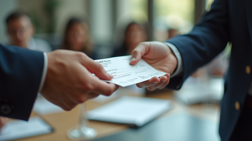 Close-up view of a hand passing a cheque to another person