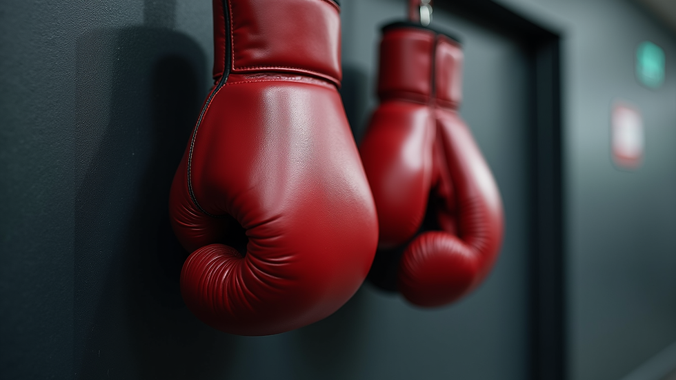 Close-up view of boxing gloves hanging on a gym wall