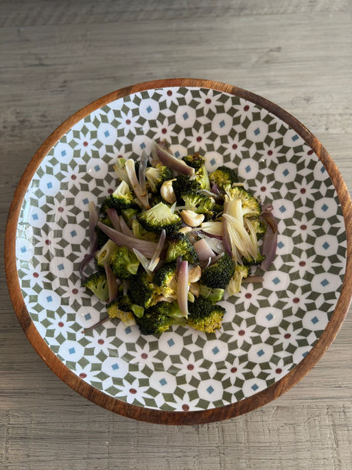 Roasted broccoli, shallot and garlic salad