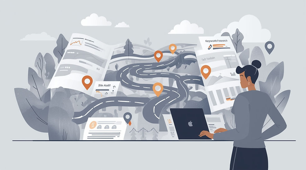 A blogger looking confidently at a large, clear digital roadmap