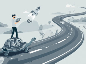 man standing on a turtle looking at a speeding rocket ship 