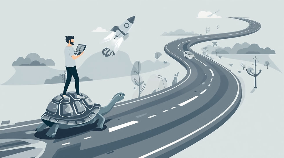 man standing on a turtle looking at a speeding rocket ship