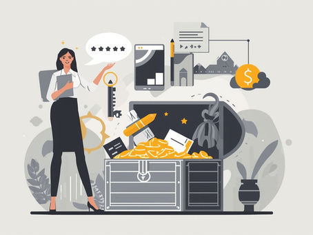 woman confidently holding a key that unlocks a treasure chest overflowing