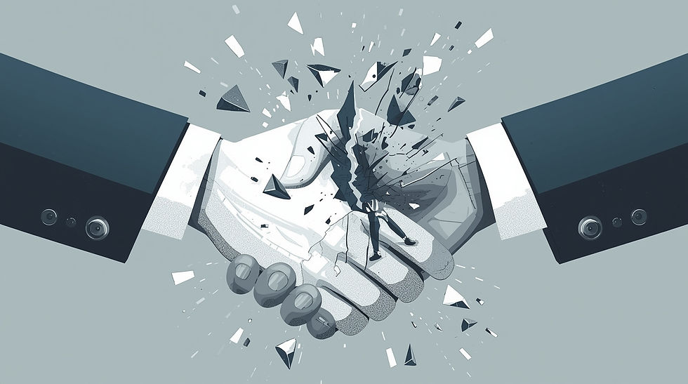 A handshake that is dissolving or breaking apart