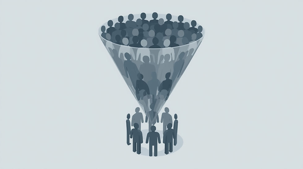 A filter funnel with many figures at the top