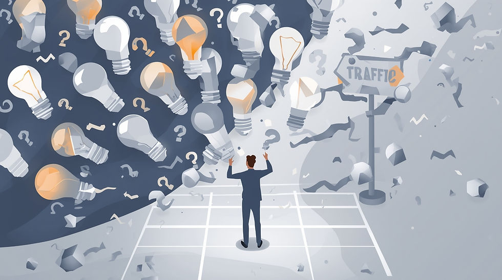 A person standing amid a chaotic swirl of paper lightbulbs and question marks