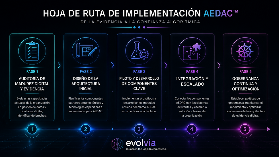Infografía de EvolvIA con las cinco fases de implementación de AEDAC™: auditoría, diseño de arquitectura, desarrollo, integración y gobernanza continua.