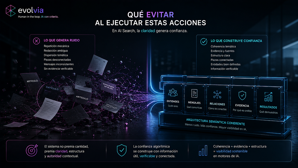 Evitar el ruido también es una estrategia. En AI Search, la claridad, la estructura y la evidencia pesan más que la cantidad de contenido.