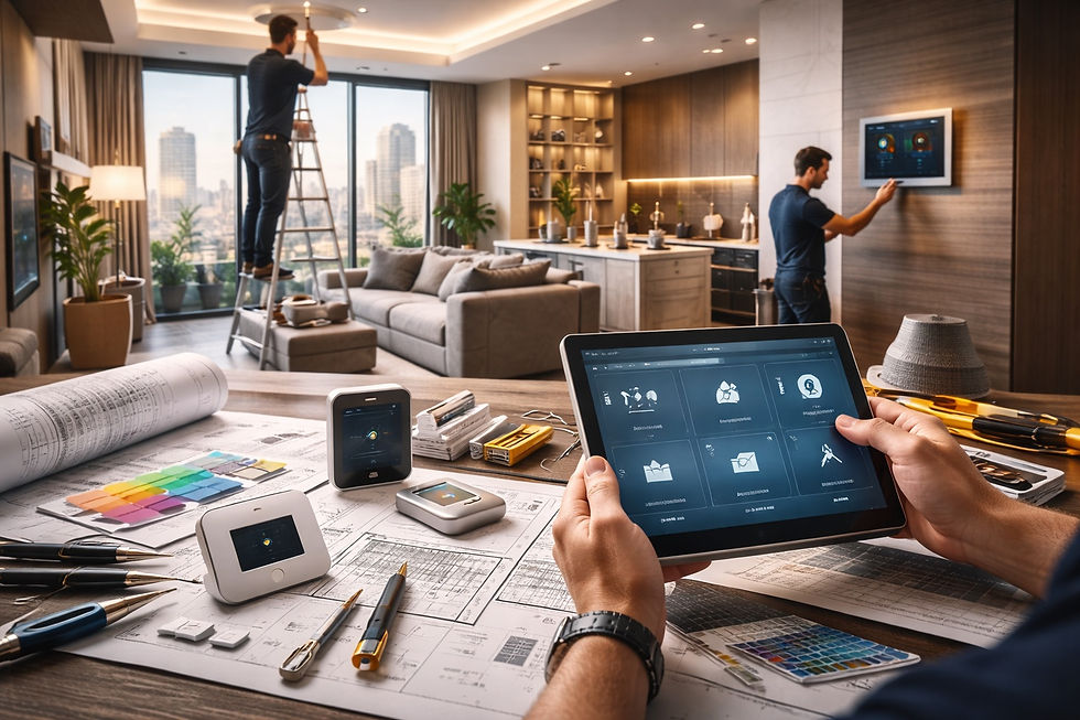 Interior de un departamento de lujo en proceso de remodelación tecnológica, con técnicos instalando sistemas inteligentes mientras una persona controla funciones desde una tablet, rodeados de planos arquitectónicos, herramientas y acabados modernos con vista a la ciudad.