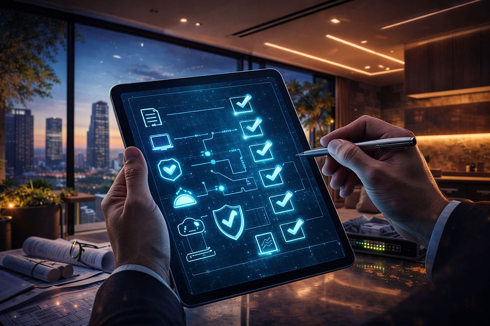Inversionista revisando en una tablet un checklist técnico de infraestructura y seguridad para evaluar la implementación de domótica en una residencia moderna.