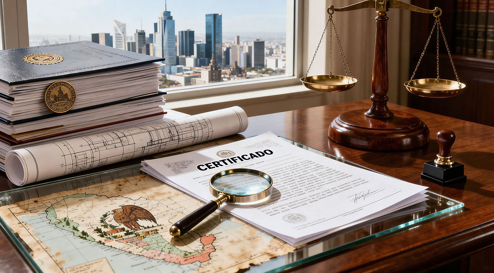 Escritorio de madera en oficina legal con vista a la ciudad, mostrando un certificado oficial, lupa, mapa de México, planos arquitectónicos y balanza de la justicia, representando un proceso de Due Diligence legal y técnico.
