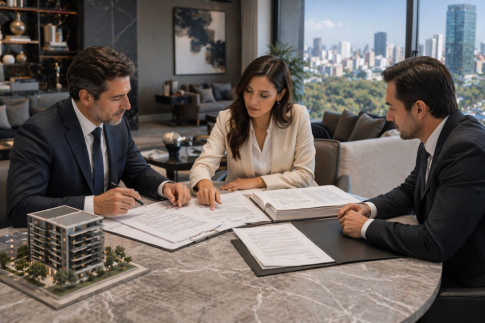 Reunión profesional en un entorno corporativo donde un equipo legal y clientes revisan documentos de compraventa sobre una mesa, en un departamento de lujo con iluminación natural, representando el proceso de debida diligencia inmobiliaria.
