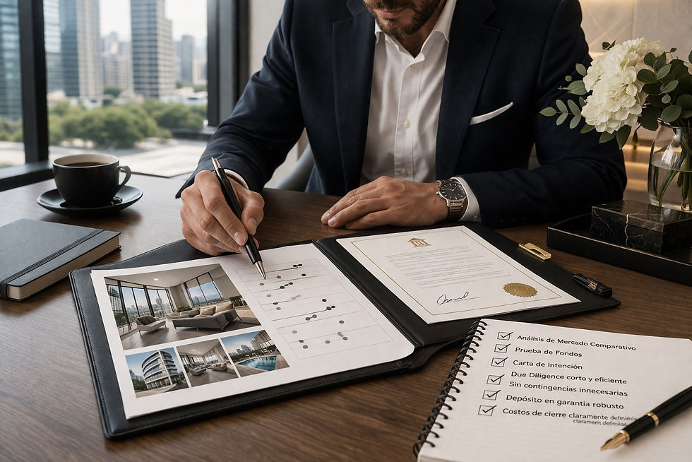 Dos profesionales analizan documentos, planos y propiedades en una oficina moderna, representando la preparación estratégica de una oferta inmobiliaria con alta certeza y respaldo financiero.