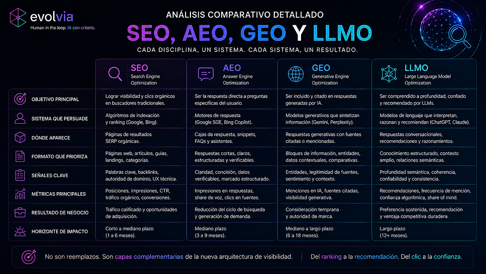 Infografía comparativa que explica las diferencias entre SEO, AEO, GEO y LLMO según su objetivo, sistema, señales y resultados de negocio.