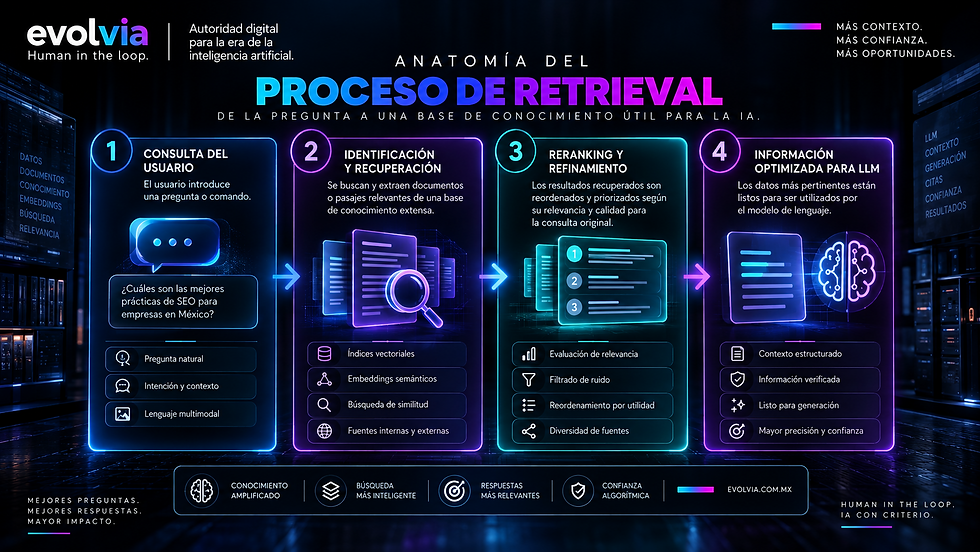 Infografía de EvolvIA sobre la anatomía del proceso de retrieval en modelos de IA. Presenta cuatro etapas conectadas: consulta del usuario, identificación y recuperación mediante índices vectoriales y embeddings semánticos, reranking y refinamiento según relevancia, y preparación de información optimizada para el LLM. El proceso convierte conocimiento disponible en contexto estructurado y verificable para generar respuestas más relevantes y confiables.