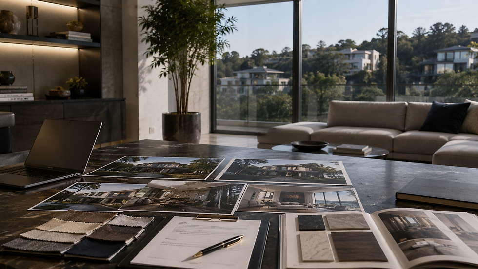 Mesa de trabajo con fotografías de residencias de lujo, muestras de acabados, documentación técnica y una computadora portátil frente a una sala contemporánea con vista a un entorno residencial exclusivo, representando el análisis de propiedades premium.