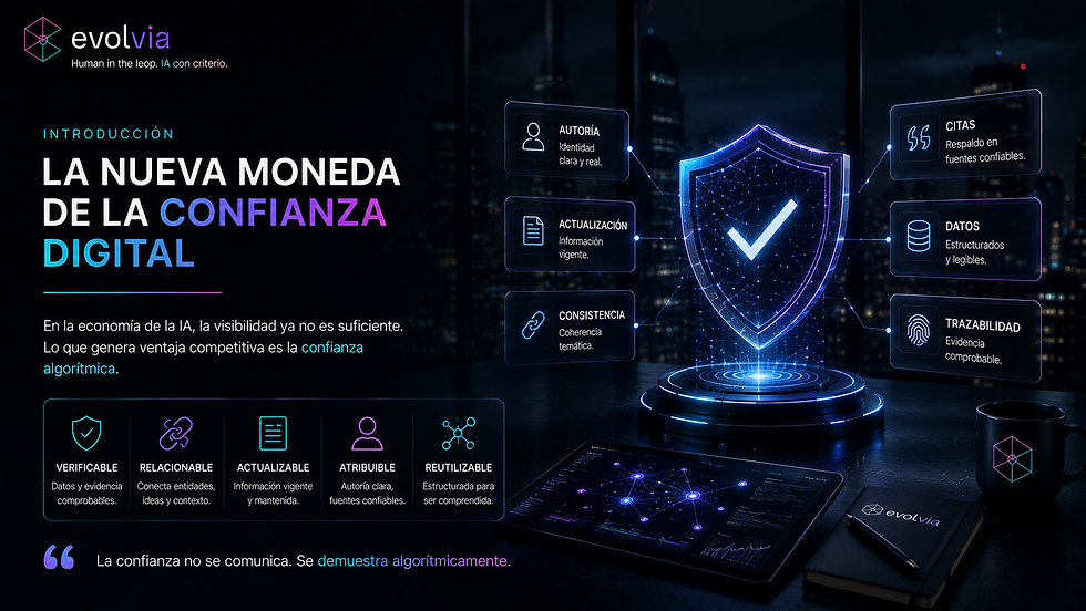 Ilustración conceptual sobre confianza digital y señales que permiten a los motores de IA interpretar y validar la autoridad de una organización.