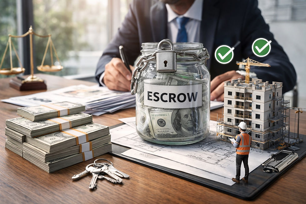 Escena conceptual de inversión inmobiliaria en preventa con representación de fideicomiso o escrow, incluyendo elementos financieros, maqueta de construcción y supervisión de obra, simbolizando la protección del capital del comprador y la mitigación de riesgos.