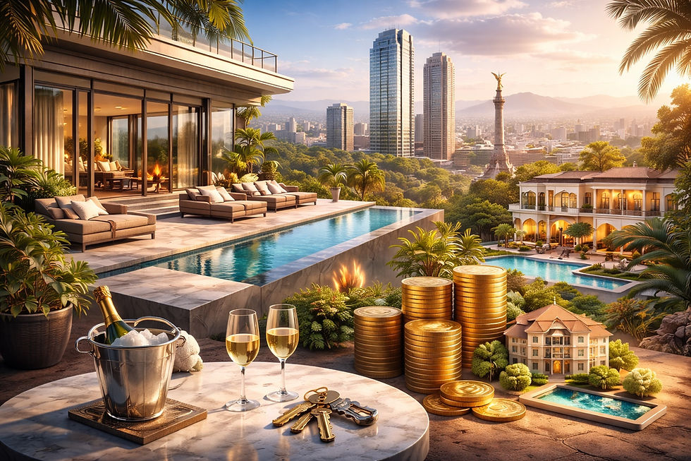 Ilustración conceptual e hiperrealista de inversión inmobiliaria de lujo en Ciudad de México, con edificios residenciales premium, elementos que simbolizan crecimiento patrimonial y análisis financiero, sin textos ni números visibles.