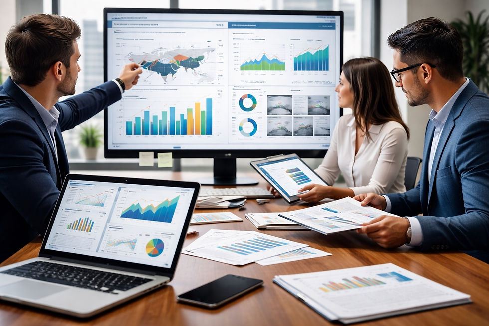 Equipo de analistas revisando dashboards y gráficos en pantallas dentro de una oficina corporativa moderna, evaluando indicadores de mercado para estimar la absorción inmobiliaria.