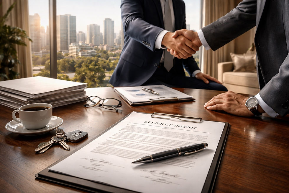 Dos ejecutivos estrechan la mano sobre una mesa con documentos inmobiliarios, llaves y café, en una oficina moderna con vista urbana, representando una negociación de compra de propiedad de lujo.