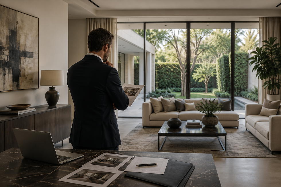 Asesor inmobiliario evaluando la estrategia de comercialización de una residencia de lujo, destacando la importancia de una presentación impecable, un precio competitivo y una negociación basada en información para lograr una venta eficiente en el mercado premium.