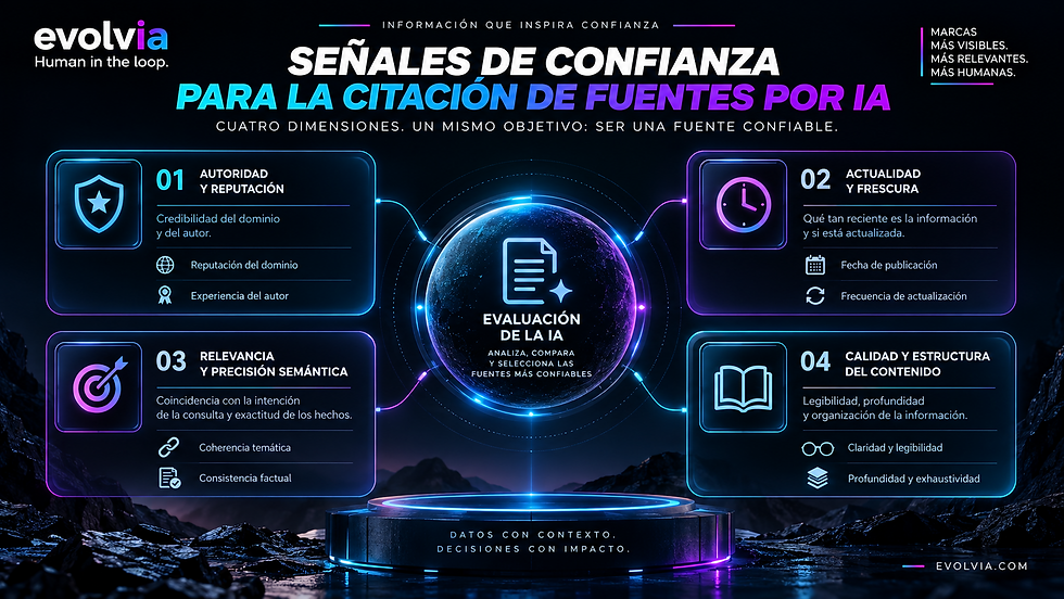 Infografía de EvolvIA sobre señales de confianza para la citación de fuentes por IA. Presenta cuatro dimensiones conectadas a la evaluación de la IA: autoridad y reputación, actualidad y frescura, relevancia y precisión semántica, y calidad y estructura del contenido, con factores como reputación del dominio, experiencia del autor, consistencia factual, claridad y profundidad.