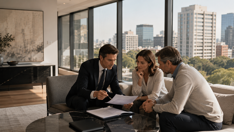 Ejecutivos inmobiliarios analizan documentación patrimonial y financiera en una oficina corporativa de alto nivel, evaluando implicaciones fiscales relacionadas con la venta de una propiedad residencial premium en Ciudad de México.