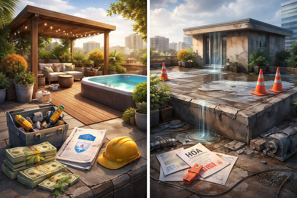 Ilustración conceptual e hiperrealista en formato horizontal que contrasta un roof privado con jacuzzi y mantenimiento organizado frente a un roof común deteriorado con filtraciones y problemas estructurales, representando costos ocultos y riesgos operativos en edificios de lujo.