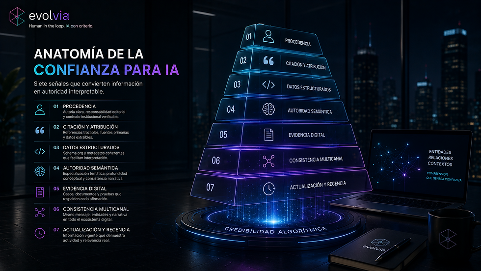 Ilustración de las siete señales críticas que fortalecen la confianza de una organización en motores de inteligencia artificial mediante autoridad contextual y evidencia verificable.