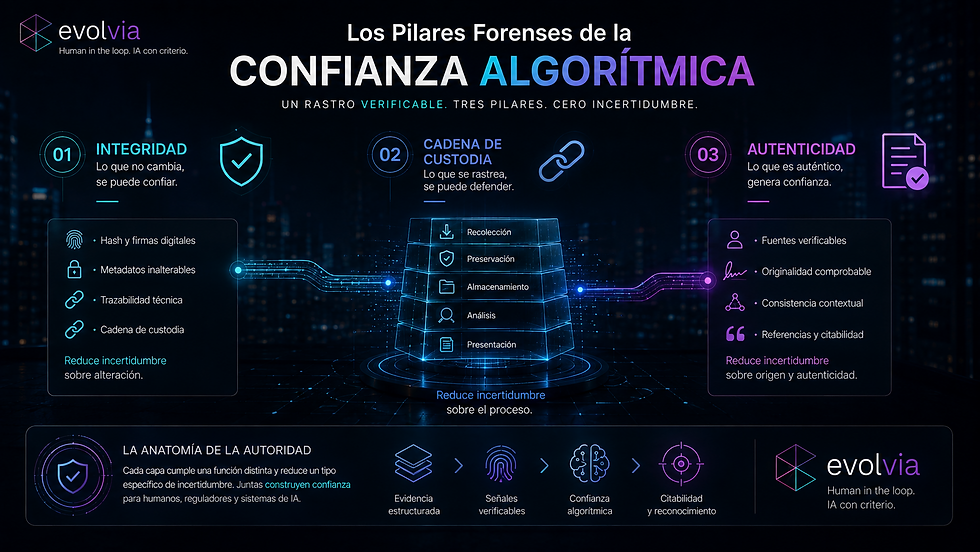 Infografía de EvolvIA sobre integridad, cadena de custodia y autenticidad como pilares forenses para construir confianza algorítmica y citabilidad en sistemas de IA.