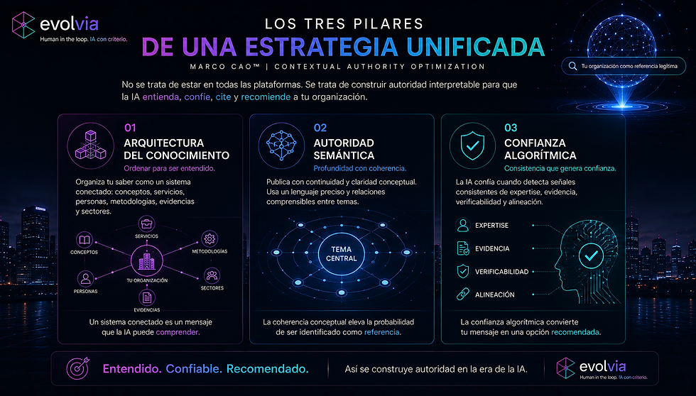 Infografía que presenta los tres pilares del marco CAO™: arquitectura del conocimiento, autoridad semántica y confianza algorítmica para mejorar la visibilidad en motores de IA.