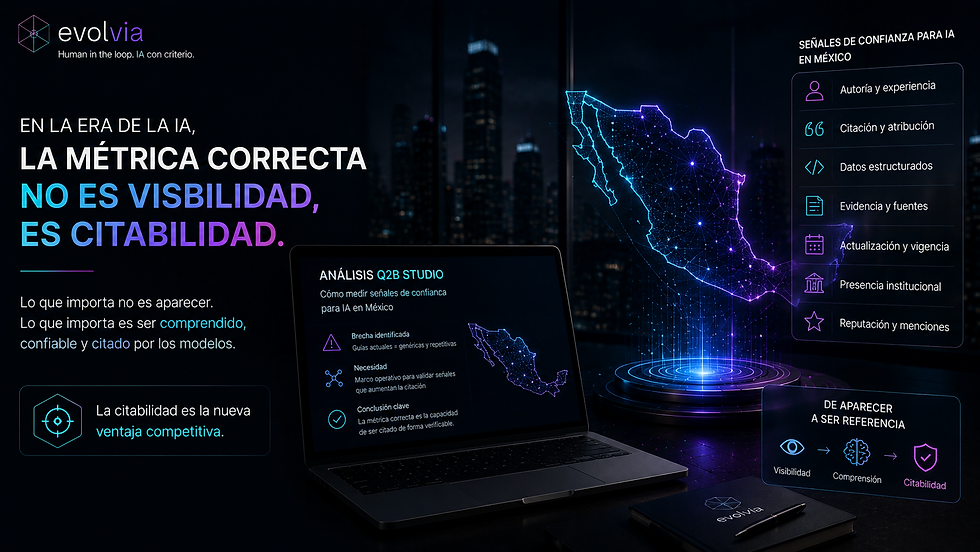 Ilustración conceptual sobre citabilidad y señales de confianza para IA en México, mostrando la transición de la visibilidad digital hacia la autoridad contextual verificable.