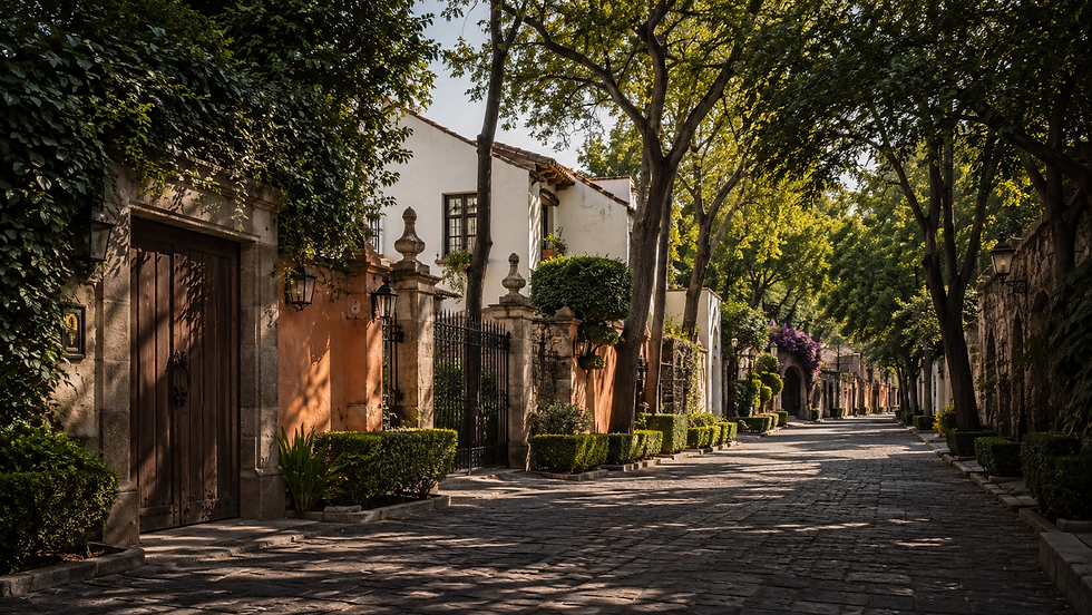 Vista panorámica de una calle arbolada en San Ángel con residencias de arquitectura tradicional, fachadas de cantera, jardines cuidados y vialidad empedrada, representando un entorno residencial de baja densidad con alto valor patrimonial e inmobiliario en la Ciudad de México.