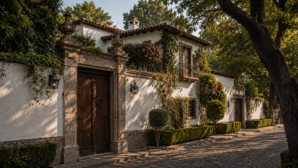 Vista de una calle residencial en San Ángel con casas de arquitectura colonial, muros de cantera, portones de madera, jardines maduros y abundante arbolado, representando un entorno patrimonial de baja densidad cuya oferta limitada contribuye a la preservación del valor inmobiliario.