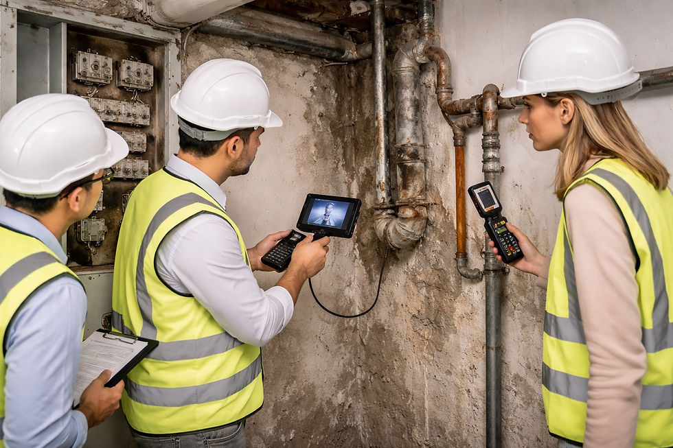 Inspección especializada de instalaciones en una propiedad para detectar sistemas obsoletos y riesgos ocultos antes de una inversión.