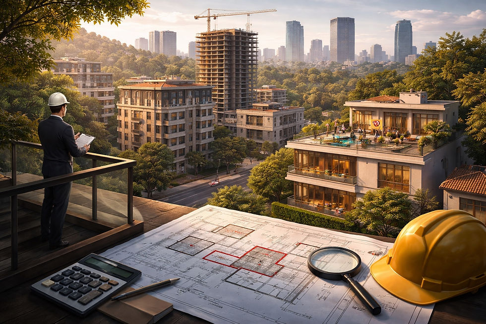 Vista de vecindario de lujo en Ciudad de México con edificios en desarrollo y planos arquitectónicos en primer plano, representando regulaciones de uso de suelo, alturas y expansión urbana en zonas residenciales exclusivas.