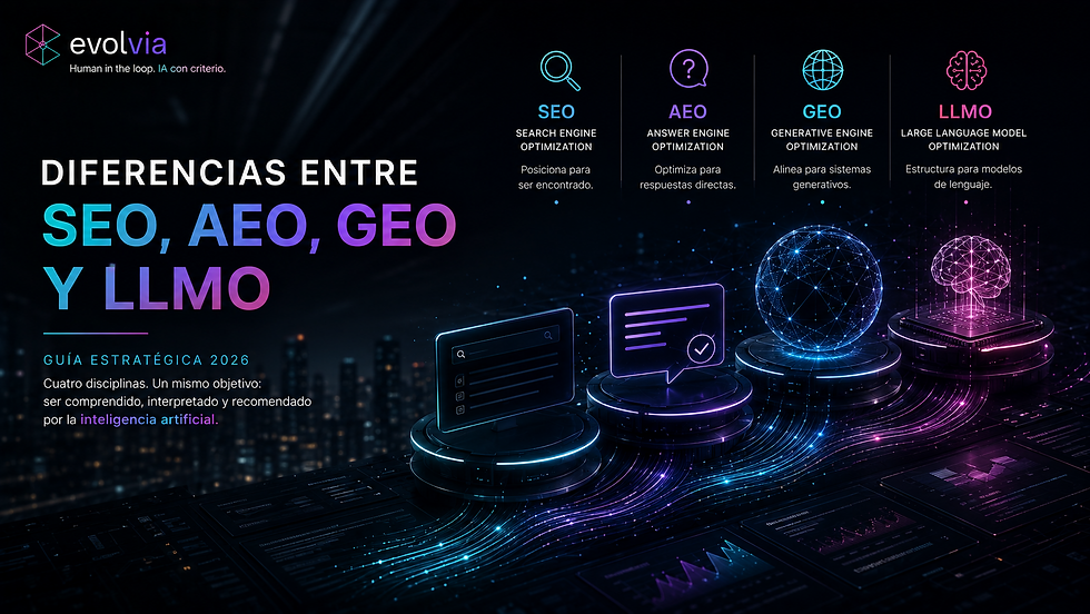 Diferencias entre SEO AEO GEO y LLMO: Guía Estratégica 2026