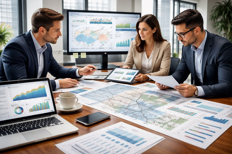 Tres profesionales en una oficina moderna revisan mapas, reportes y gráficos en dispositivos digitales y documentos impresos, colaborando en el análisis estratégico de datos para la toma de decisiones en inversión inmobiliaria.