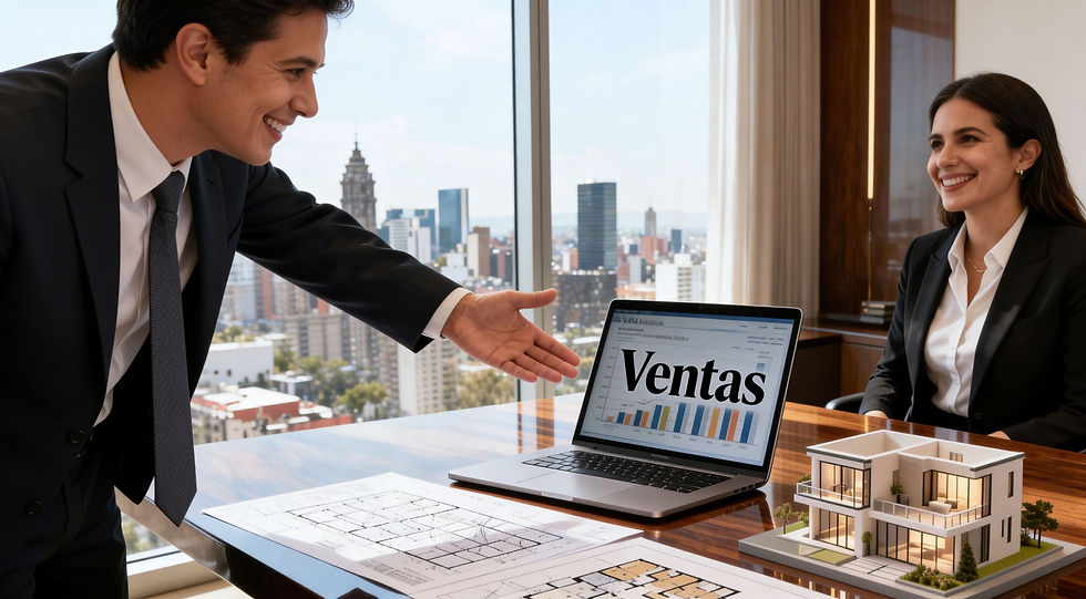 Un asesor inmobiliario muestra una presentación de "Ventas" con gráficas en una laptop a una cliente sonriente. Sobre la mesa de madera hay planos arquitectónicos y una maqueta detallada de una casa moderna. Fondo con ventanal y vista urbana.