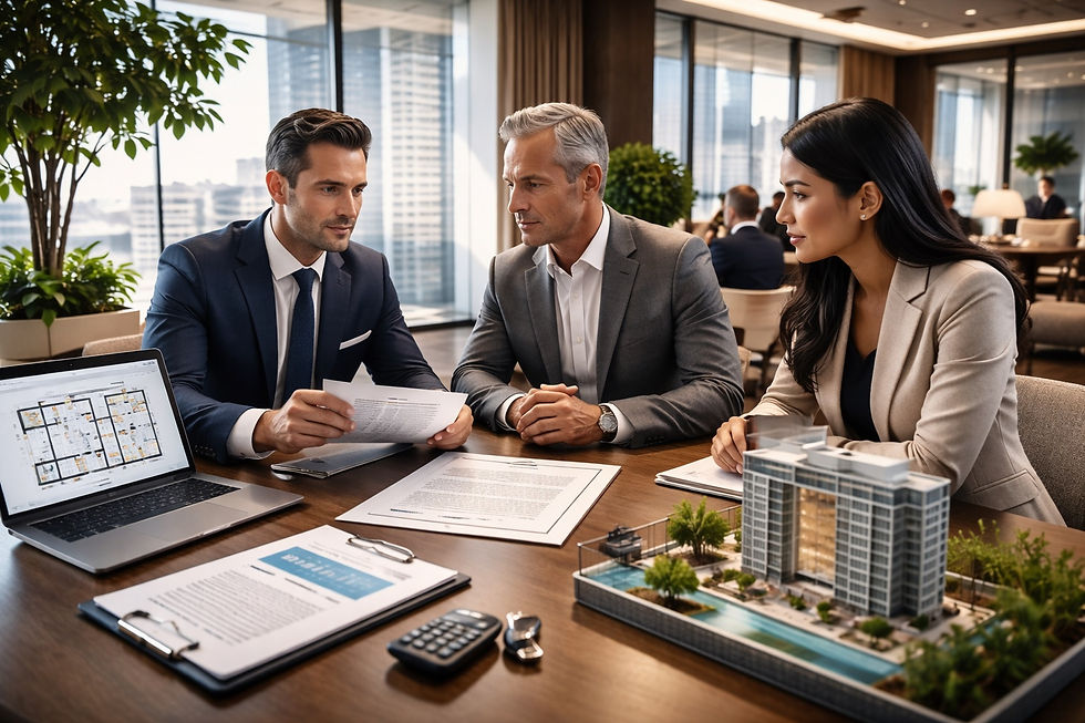 Asesor inmobiliario presentando documentos de arrendamiento a clientes corporativos en una oficina moderna, con laptop, planos y maqueta arquitectónica, representando un proceso estructurado de renta corporativa.